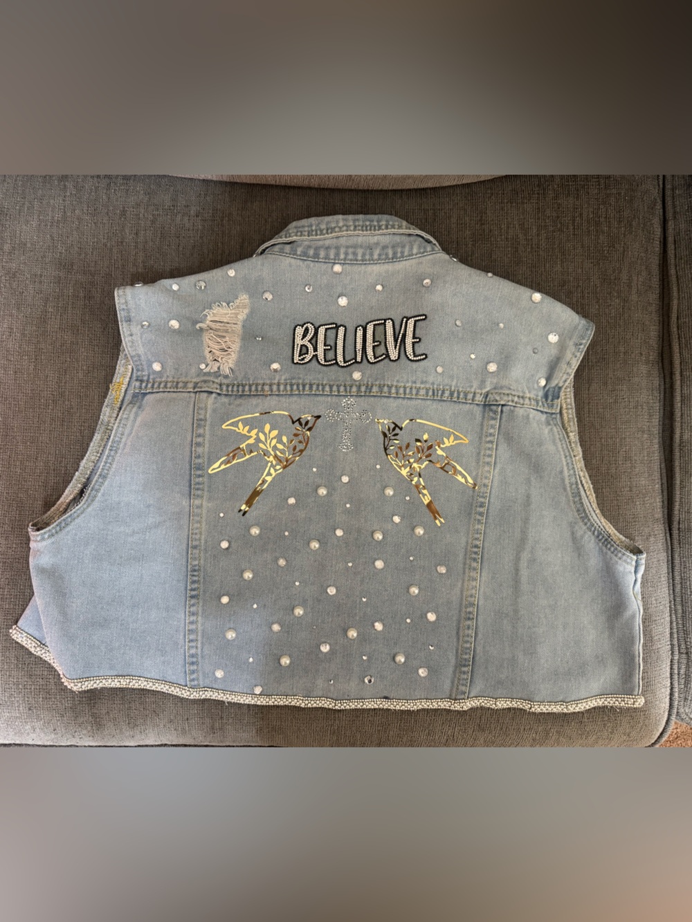 Light Blue Denim Vest with 'BELIEVE' Patch and Pearl Detail